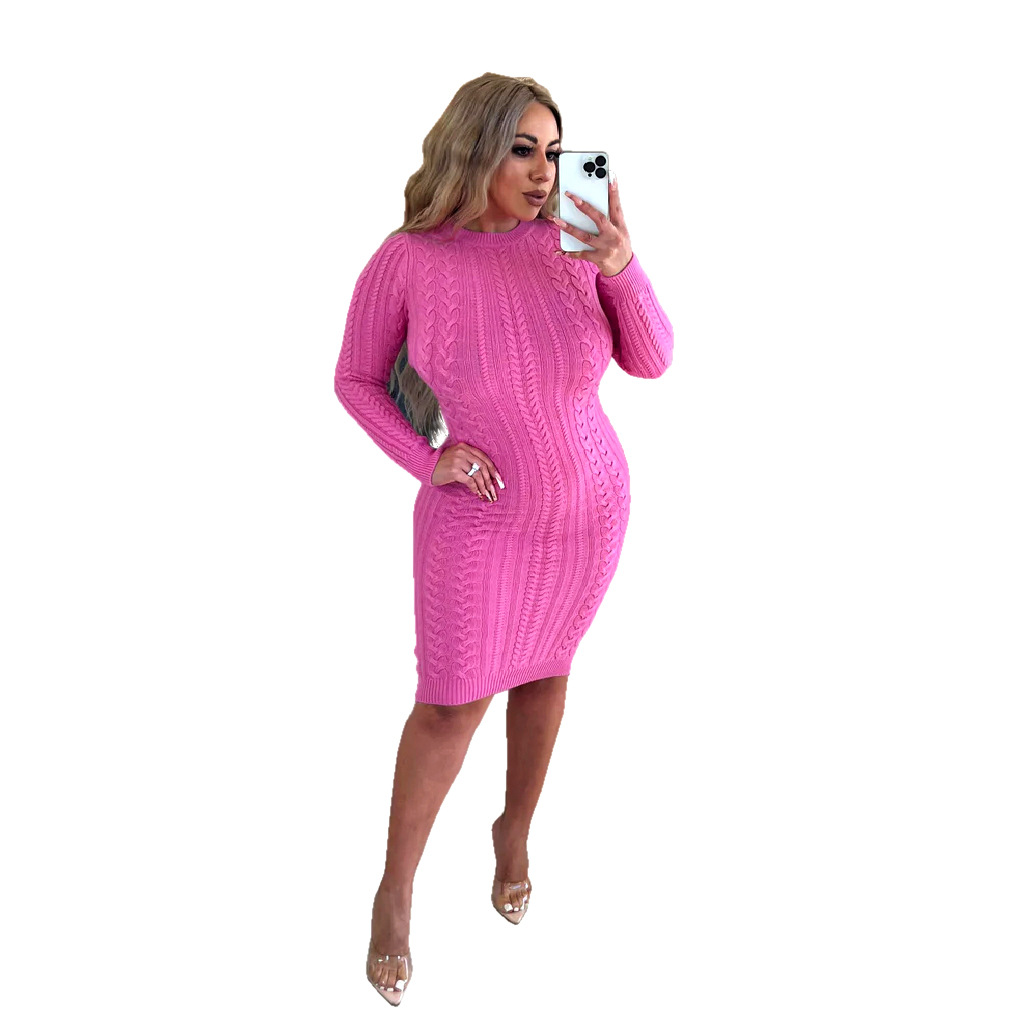 Robe pull femme couleur unie sexy mode robe en maille_voghion.com