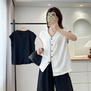 2025 Summer Plus Size Shirt Short-Sleeved Women's Sleeveless Cardigan Elegant Fat mm Simple Fashion V Neck Shirt 525