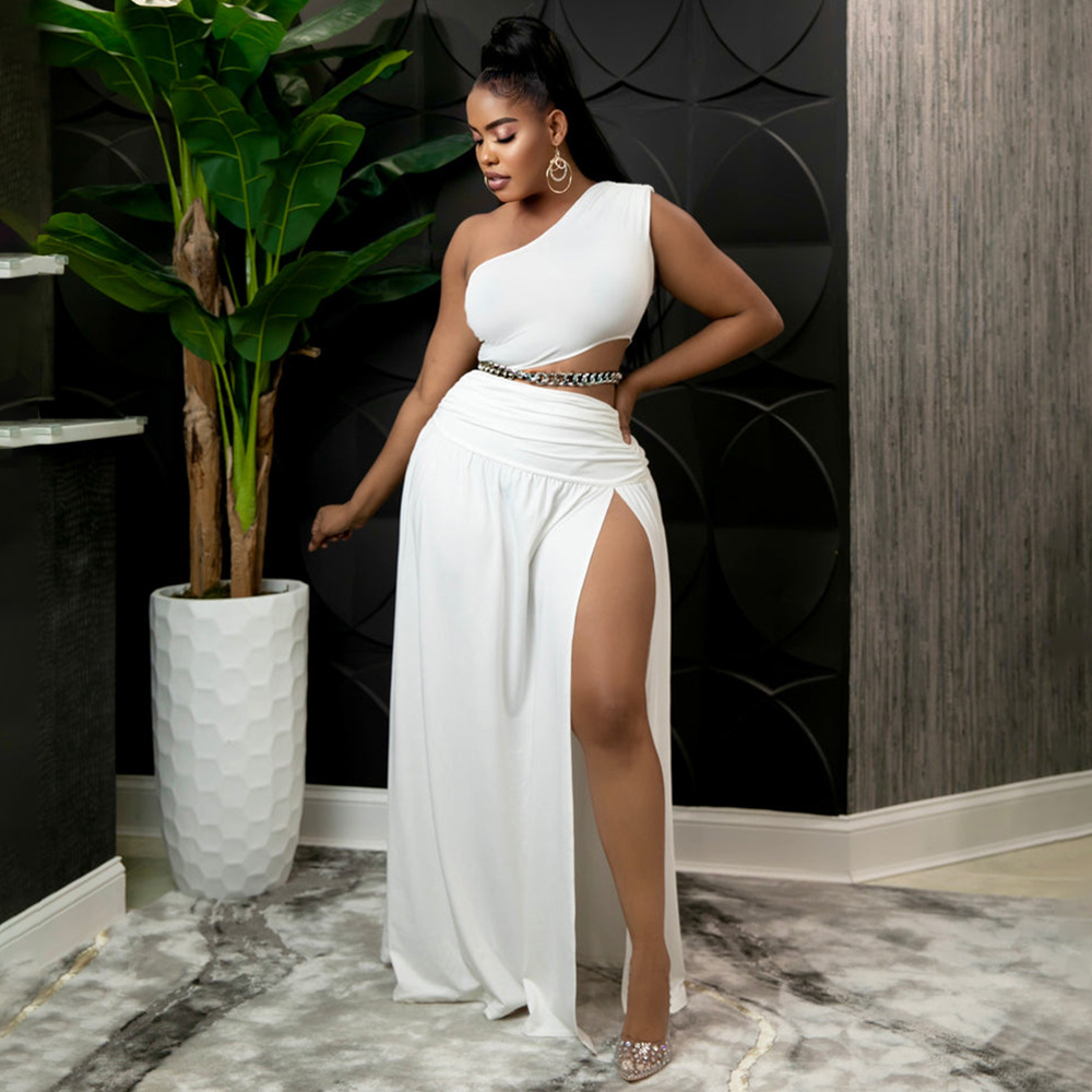 plus size slanted shoulder sleeveless high waist slit solid color top and skirt suit NSLNW122700