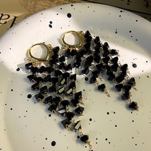 欧美黑色水晶流苏几何耳扣个性设计时尚耳坠耳钉优雅轻奢大耳饰