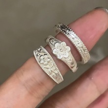 中式复古花纹戒指女S925纯银小众设计感老式梅花缠绕花戒开口指环
