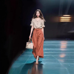 今年の流行の美しいスーツのズボンの2025新型の婦人服の夏の復古の香港風の高級感のシャツの2つのセットの女性