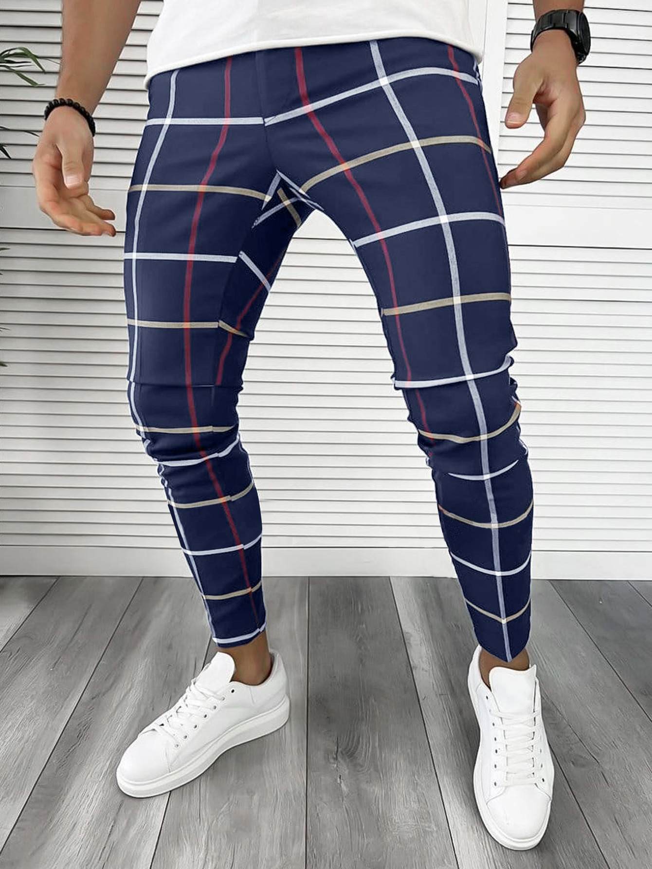 Pantaloni uomo a quadri slim fit pantaloni casual eleganti_voghion.com
