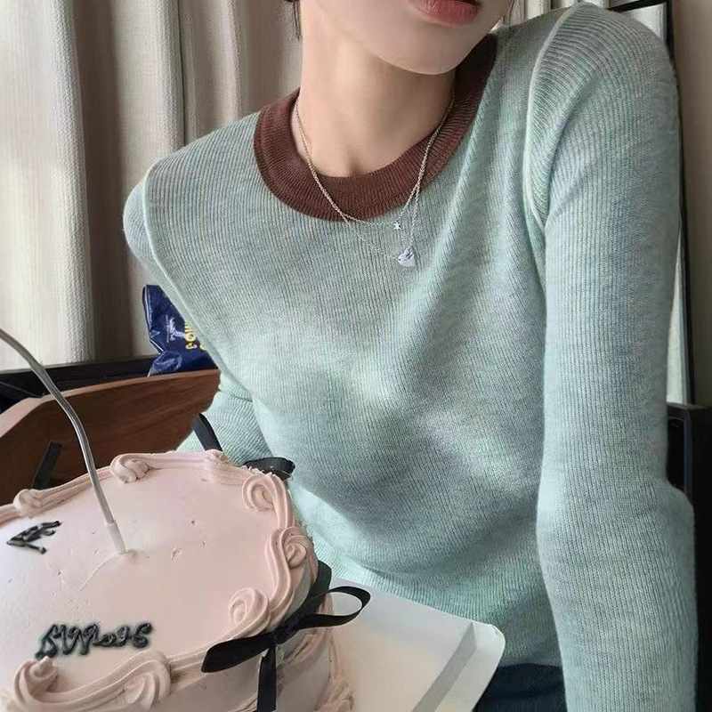 辣妹撞色拼接圆领针织打底衫长袖女秋冬正肩修身显瘦内搭别致上衣|undefined