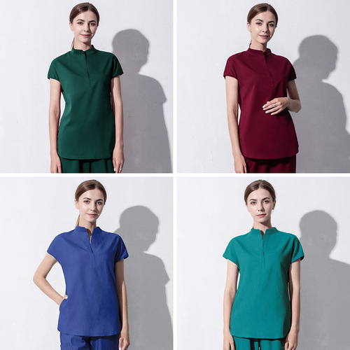 Short-sleeved scrub top high-end nurse uniform women's split set dental doctor workwear men's elastic surgical gown