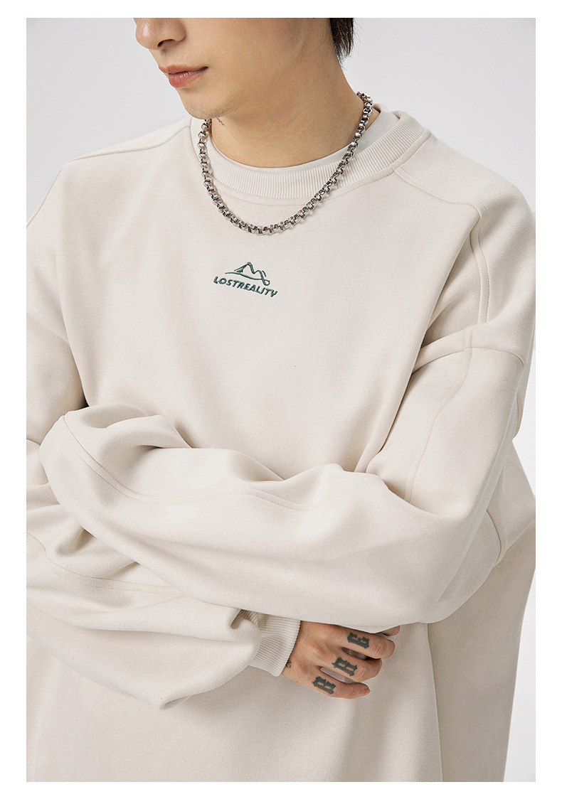 Herren-Sweatshirt aus Wildleder-Fleece mit Rundhalsausschnitt, Oversize-Streetwear-Top mit geteilten Einsätzen und gesticktem Schriftzug_voghion.com