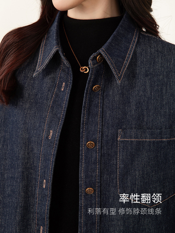 鑫阁 轻暖羽绒丹宁蓝宽松牛仔衬衫女2025冬季新款高笈感休闲外套|undefined