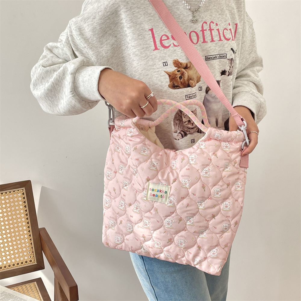 Mala de ombro acolchoada para mulher estilo coreano tote cartoon_voghion.com