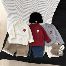 男童毛衣秋冬季新款婴儿洋气刺绣爱心加厚打底针织衫宝宝红色上衣