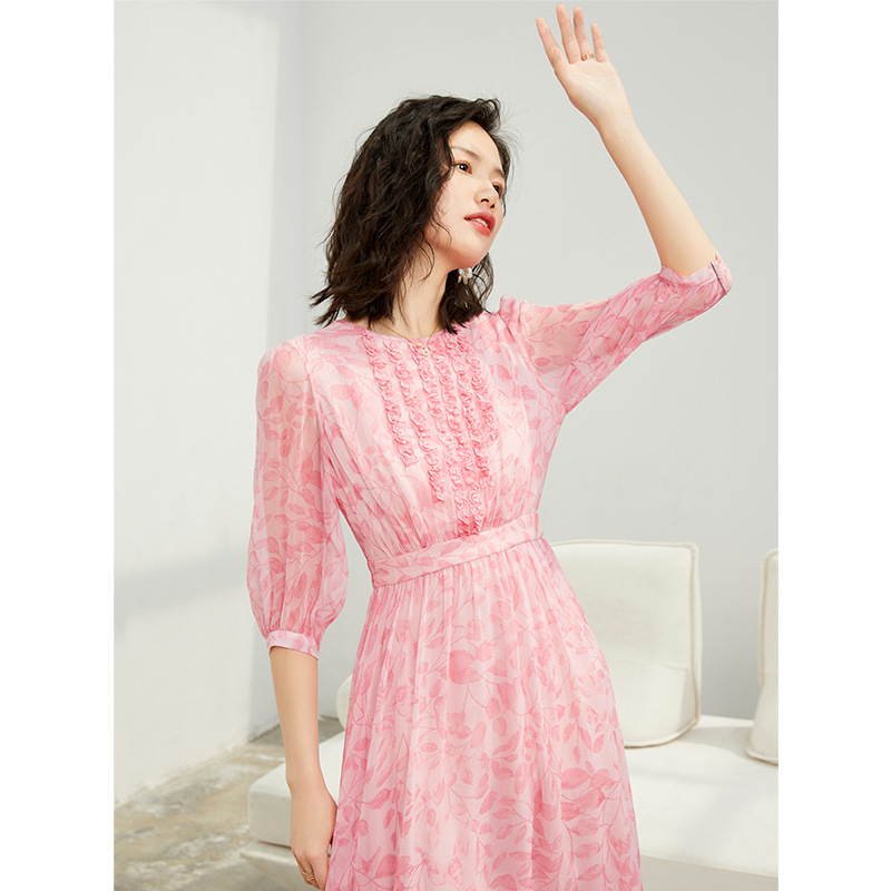 Silk Dress with Ruffled Edges 2026 Spring/Summer New Style Mulberry Silk Dress with Mid-Sleeves, Gentle Mid-Length Floral Long Dress