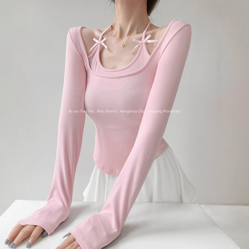 Sweet Desire Human Lace-up Neck Fake Two-piece Long-sleeved T-shirt Women's Autumn Pure Desire Short Top with Bow Arc Hem