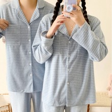 韩国ins女士秋新款韩版情侣睡衣女韩系条纹毛巾布简约家居服套装