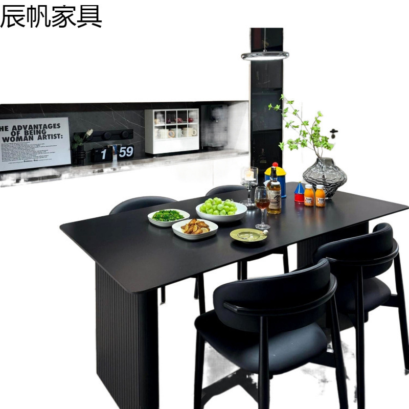 现代轻奢黑色岩板餐桌椅餐桌组合意式家用饭桌长方形小户型简约|undefined