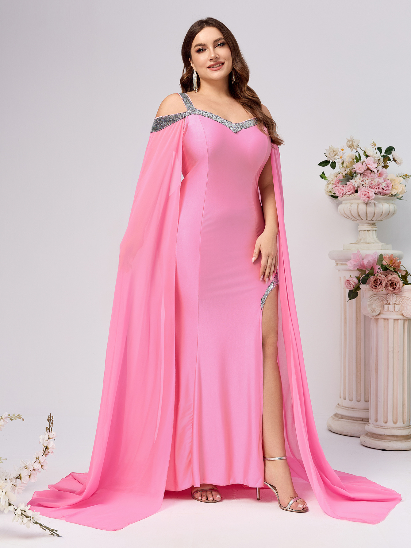 Vestido de talla grande Comercio exterior Europa y América Nuevo Amazon Nuevo producto honda lentejuelas Vestido de cola de color sólido image 5