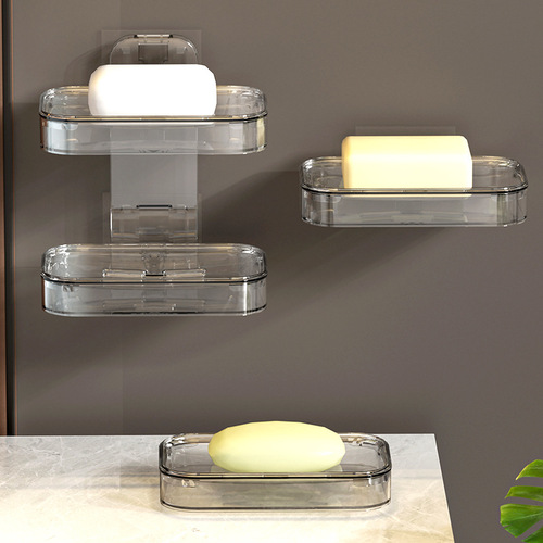 Soap Box Wall Mount Drain Double Layer Storage Rack PET No Drilling Bathroom Shower Soap Box