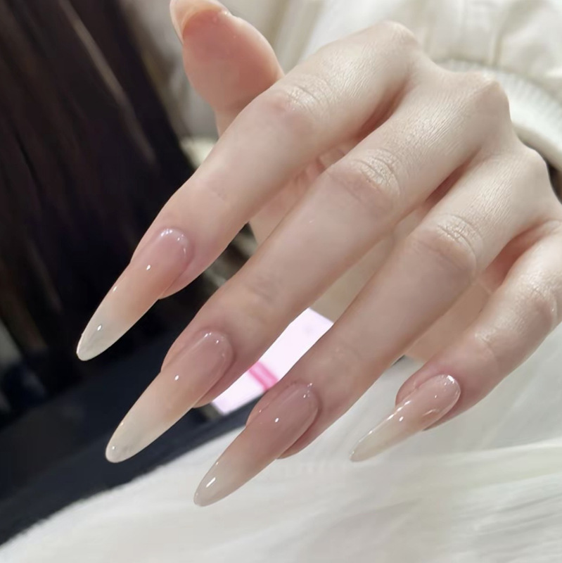PMMA material is flexible and resilient, high-quality handmade press-on nails in a white peach gradient, long style, flattering nude color for wedding photos