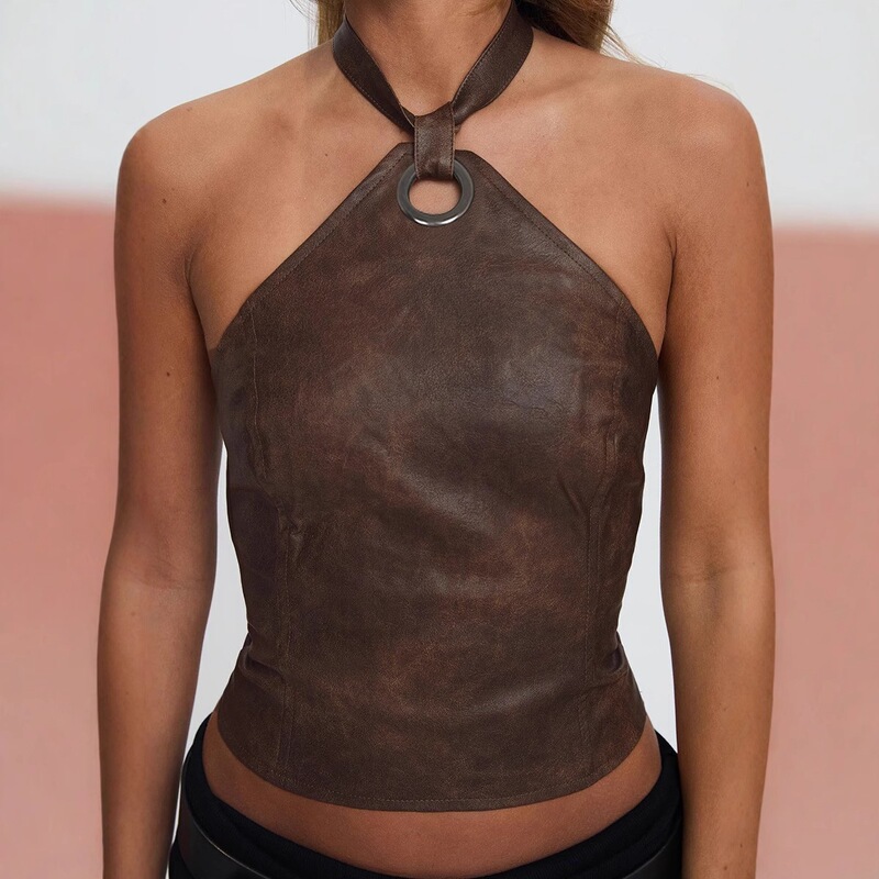 Vintage distressed leather halter-neck tie-up vest with rings, American-style sexy backless top with straps and waist-cinching design, versatile top Vintage distressed leather halter-neck tie-up vest with rings, American-style sexy backless top with straps and waist-cinching design, versatile top