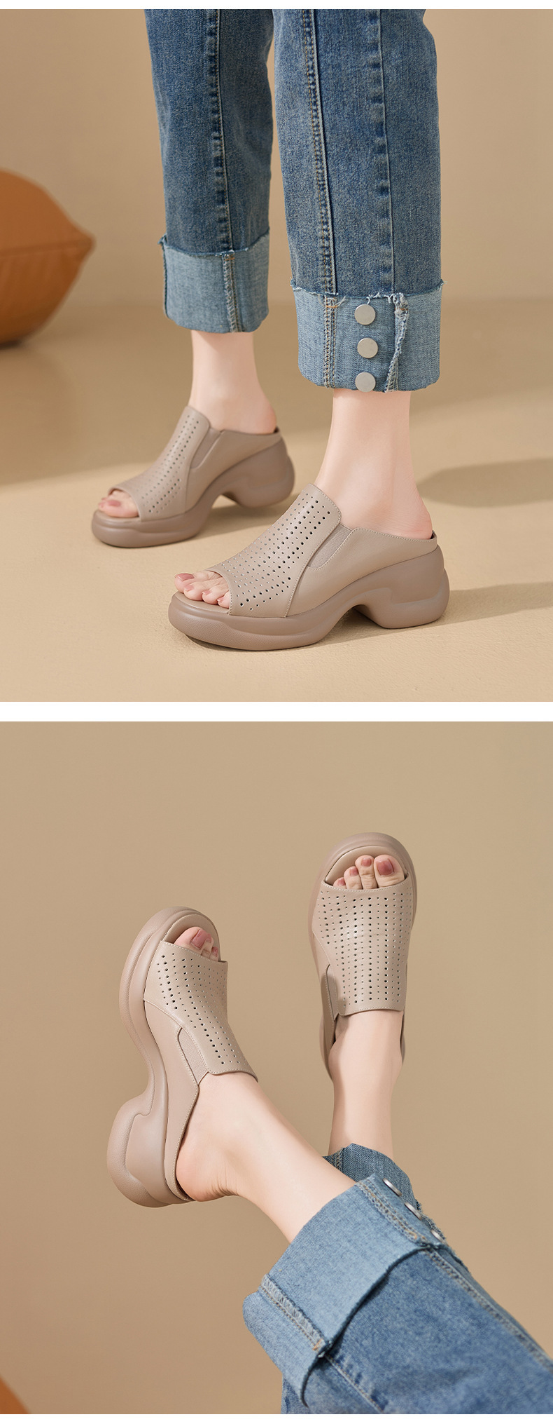 Dép sandal nữ da bò đục lỗ đế xuồng cao gót 9 cm — màu trắng ngà chi tiết 4