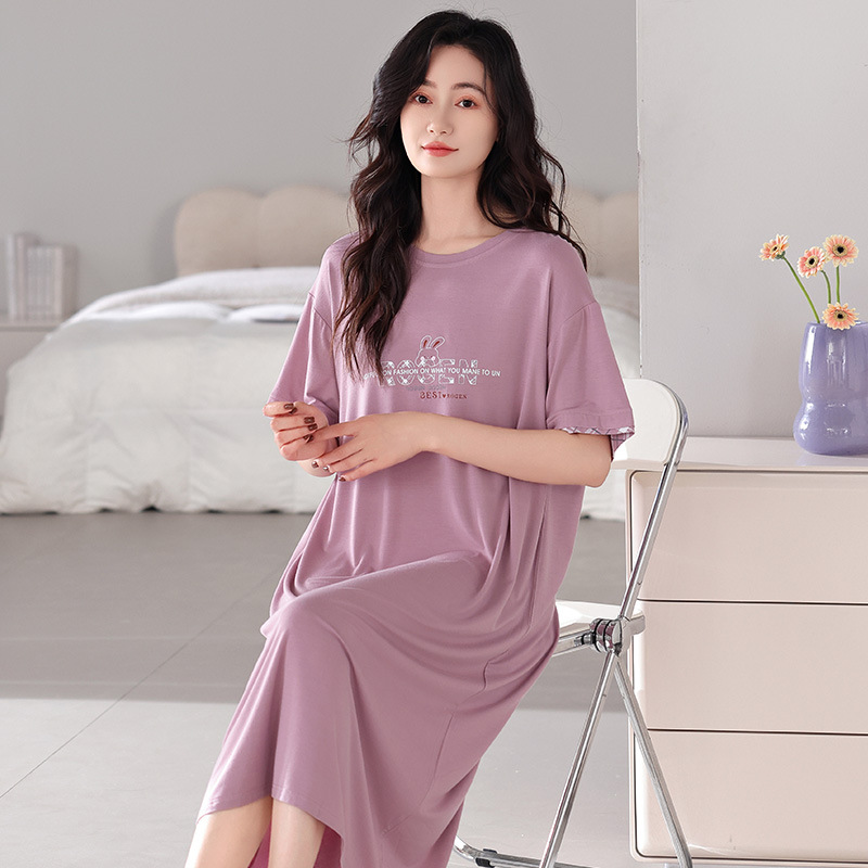 Color sólido de alta calidad de mediana edad vestido de dormir de mujer de verano de mangas cortas falda larga de verano de algodón madre ropa para el hogar