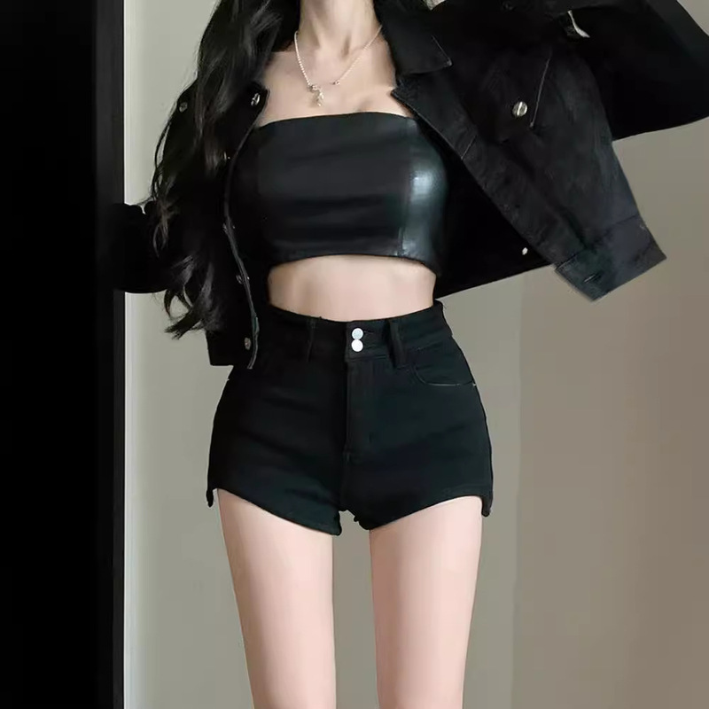 Black Denim Shorts for Women, Summer Thin Style, Plus-Size, Mid-Waist, Stretchy, Slimming A-Line Hot Pants for Pear-Shaped Body