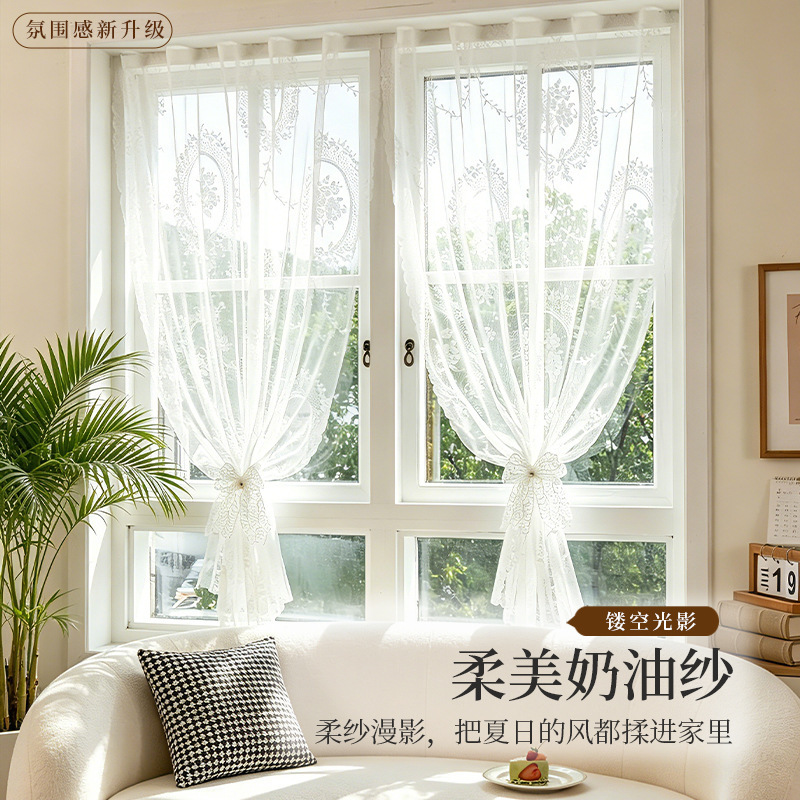 No-Drill Lace Jacquard Sheer Curtain for Home Use, French Rococo Style Bay Window Privacy Curtain, Decorative Door Curtain No-Drill Lace Jacquard Sheer Curtain for Home Use, French Rococo Style Bay Window Privacy Curtain, Decorative Door Curtain