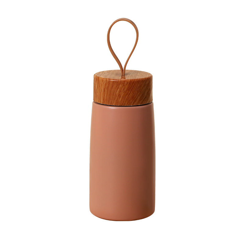 Portable Wood-Grain Pattern Insulated Cup, 304 Stainless Steel, Compact Mini Pocket-Sized, Simple Design with Carrying Strap, Gift Coffee Cup