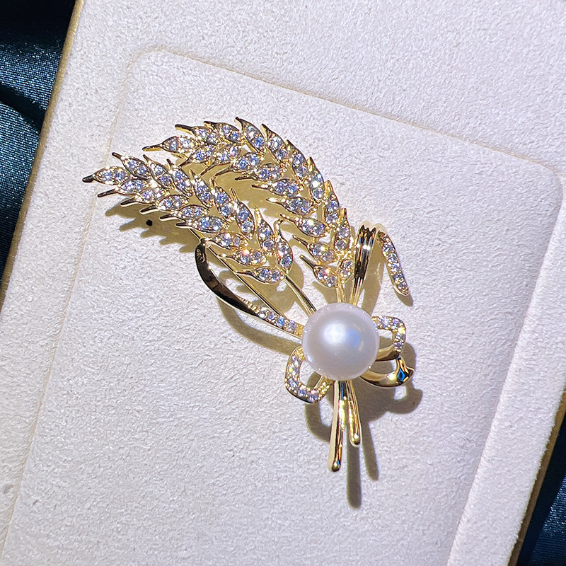 DIY accessories high-end wheat ear brooch female copper gold-plated micro inlaid zircon autumn and winter coat pin Pearl corsage empty support