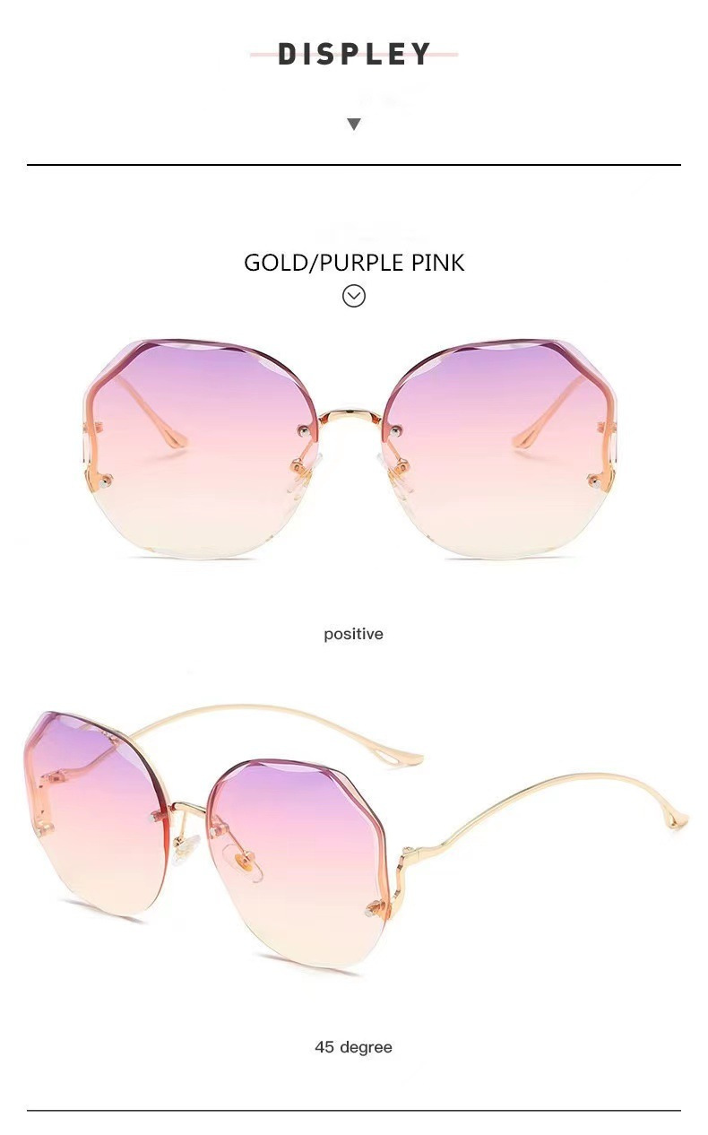 New fashion frameless cut-edge sunglasses women's polygon metal arc glasses leg street shot all-match sun protection sunglasses_voghion.com