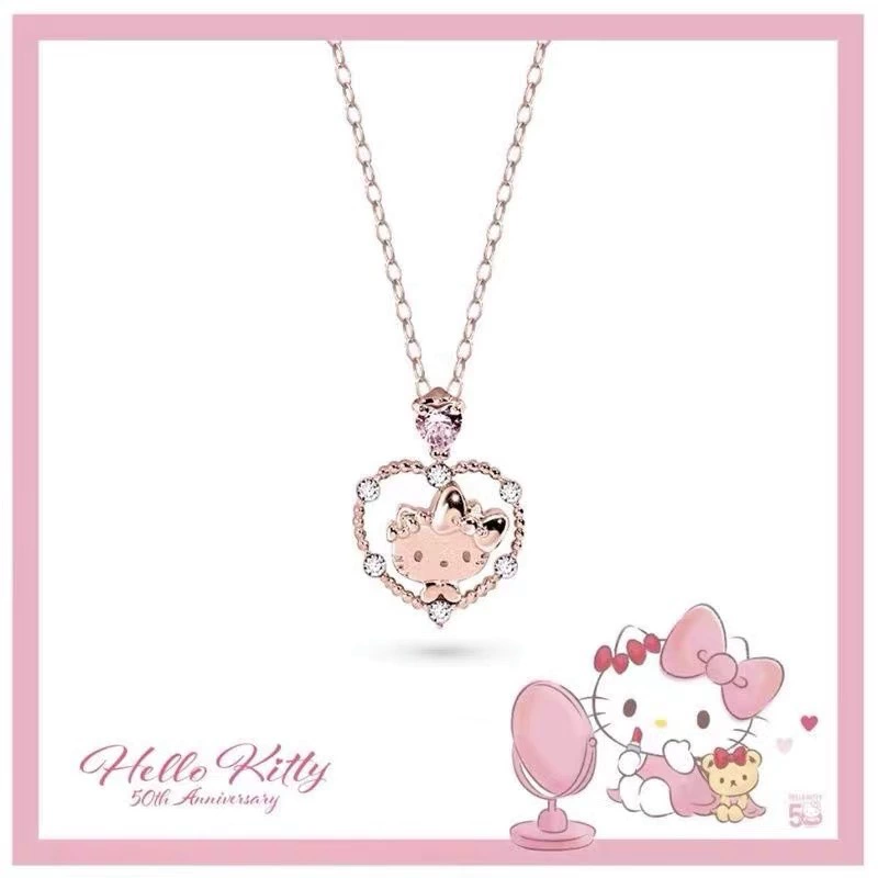 Подвеска-ожерелье Sanrio Hello Kitty, сердечный кулон с бриллиантами, милый мультяшный дизайн