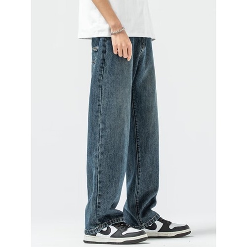 American Retro Denim Straight Leg Men's Spring and Autumn Streetwear Loose Tapered Trendy Brand Washed Versatile Casual Trousers