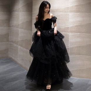 Black Evening Dress, Light Luxury Niche French Tutu Skirt, Host Female Spring Art Exam Graduation Adult Ceremony Cross-Border Sense