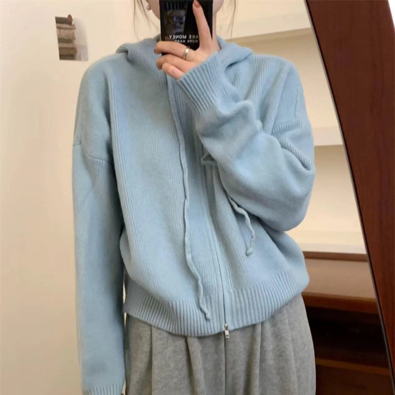 ニットフード付きダブルファスナー付きショートカーディガン|undefined
