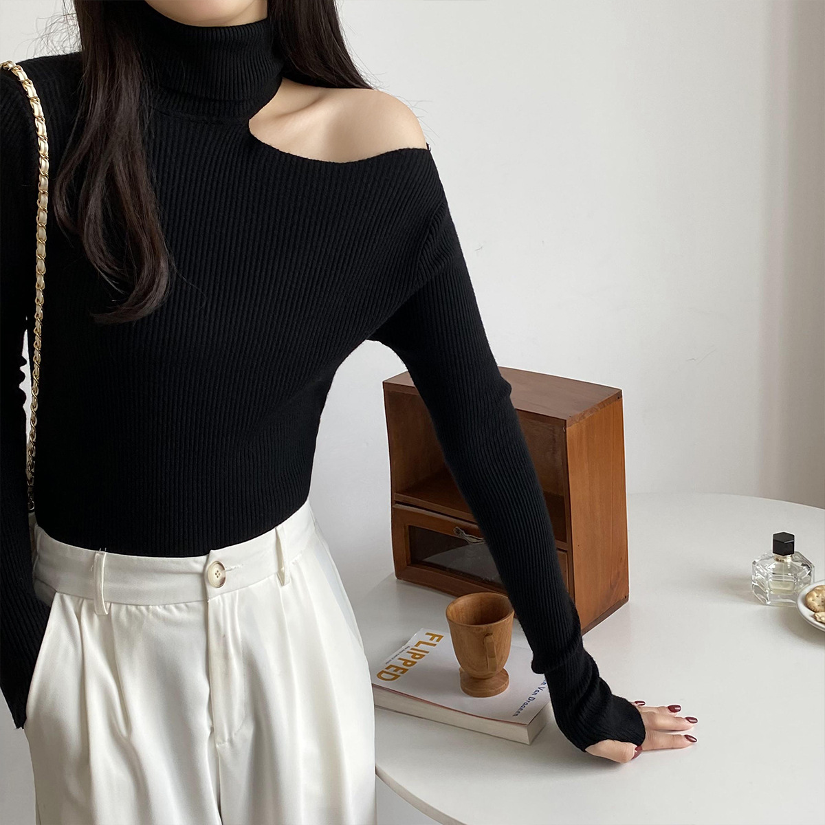 High-Necked Long-Sleeved Hollow Sweater NSFYF85683