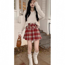 新年红色格子裙毛呢半身裙早秋装大码胖mm高腰显瘦a字短裙百褶裙