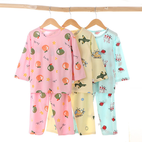 Korean version of home clothes, long-sleeved pajamas, ice-sense summer Iceland suit, thin cotton air-conditioning clothes, new style for middle-aged and older boys and girls