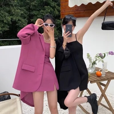Sizes Have Been Updated: Stylish Loose-Fitting Blazer + Basic Camisole Dress for Commuting, Black Blazer Sizes Have Been Updated: Stylish Loose-Fitting Blazer + Basic Camisole Dress for Commuting, Black Blazer