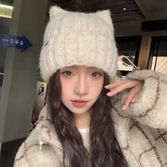 韩版秋冬新款帽子女时尚字母标可爱小熊针织毛线帽冬季保暖套头帽
