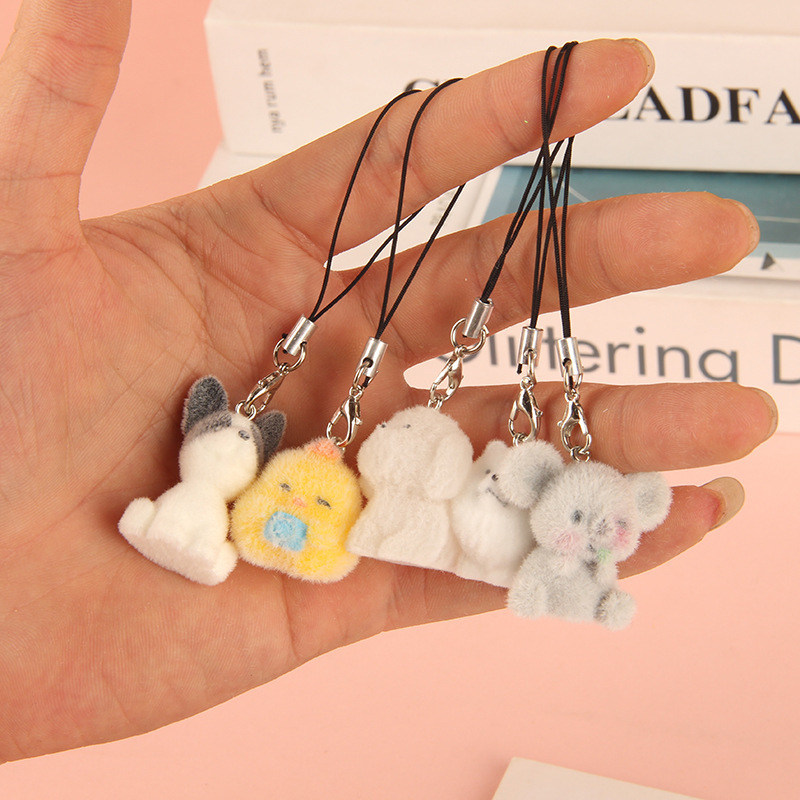 Flocked Puppy Keychain Pendant Cute Pet Small Animal Hand Rope Bag Pendant Bear Jewelry Accessories Mobile Phone Chain