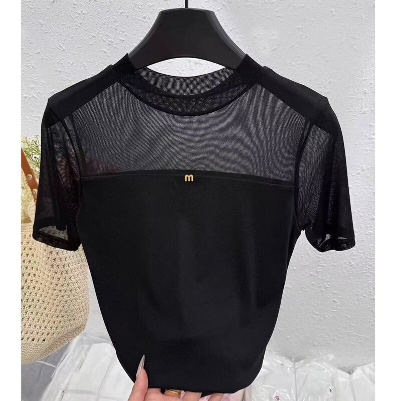 Summer Mesh Splicing Short-Sleeved T-Shirt Women's Slimming Look Elegant Top Black New Style