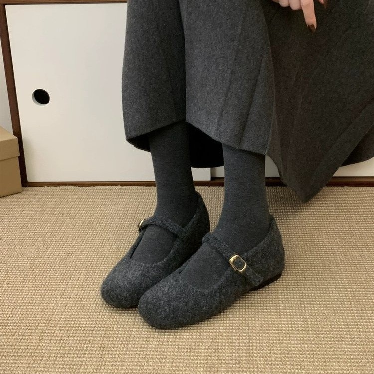呢子灰内增高百搭玛丽珍鞋女鞋2025年秋冬新款加绒保暖浅口棉鞋