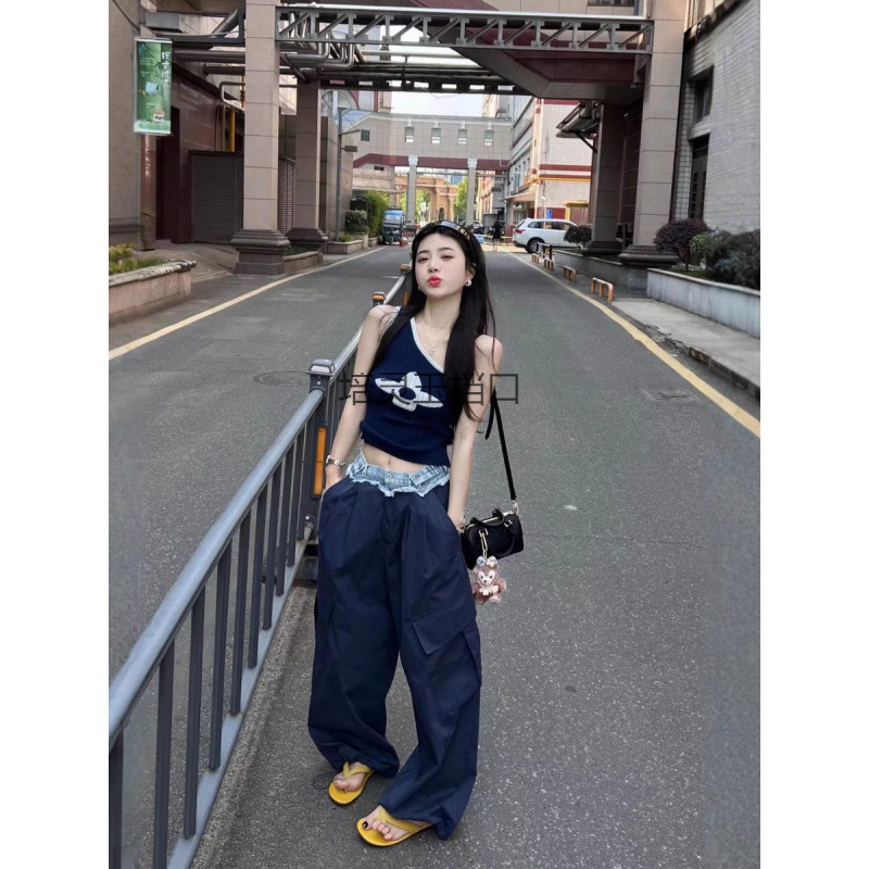 设计感斜肩背心上衣女夏季2025新款百搭高腰显瘦阔腿裤子时尚套装|undefined