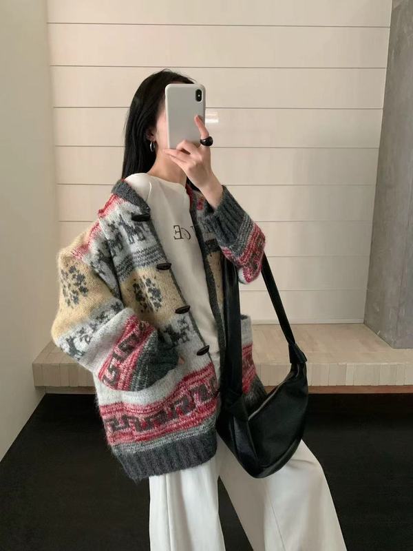 民族复古风费尔岛提花毛衣外套女秋冬设计感围巾飘带针织开衫1321|undefined
