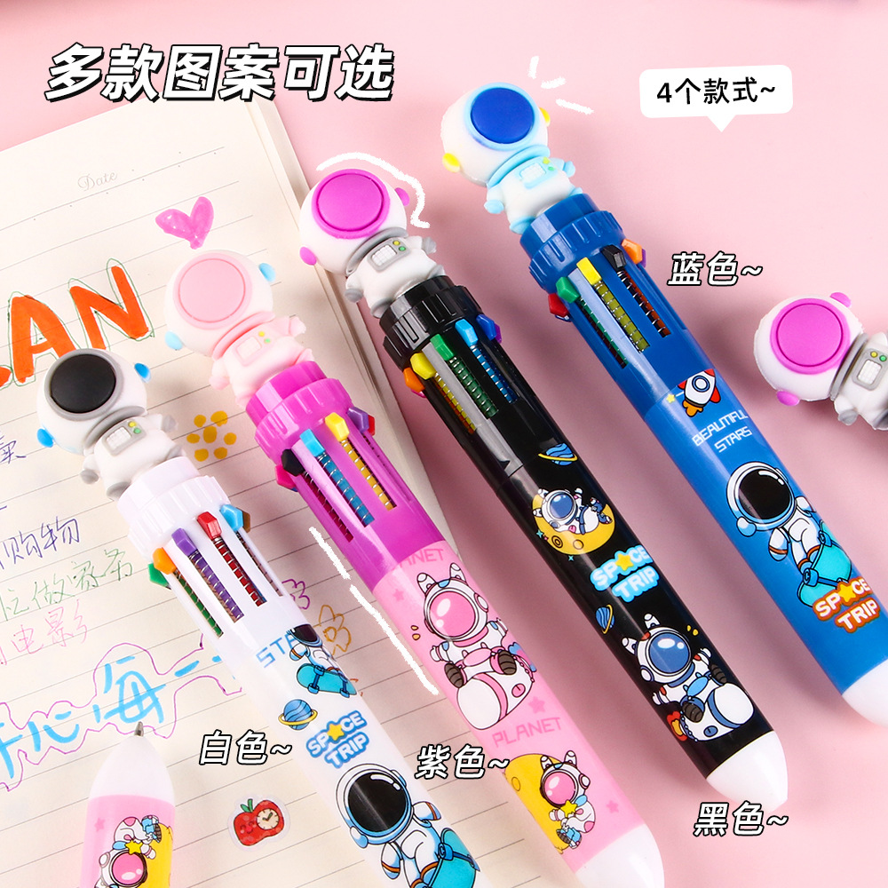 Bolígrafo de astronauta de diez colores de dibujos animados lindo y creativo bolígrafo de góner multicolor a presión papelería multifuncional de alto valor