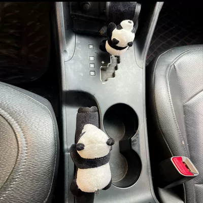 Universal Cute Handbrake Cover Set, Sürətlər qutusu və əl tormozu başlıqları - panda-black-short-velvet-gear-handle-cover-handbrake-cover