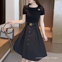 跨境2025新款女装裙子感轻奢时尚百搭洋气减龄短袖收腰连衣裙
