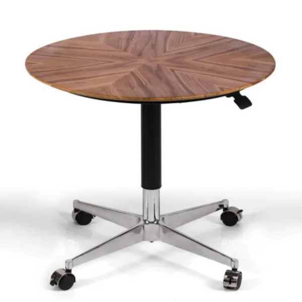 Export Quality Natural Wood Veneer Adjustable Round Table for Restaurant and Cafe, Negotiation Table with Stainless Steel Base, Height-Adjustable Coffee Table
