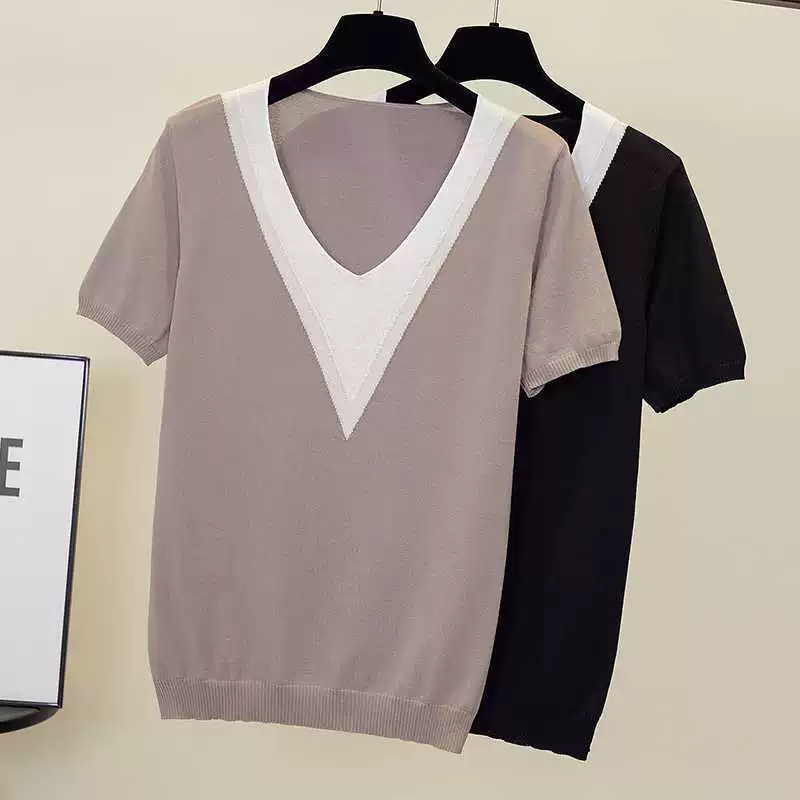 Summer knitted sweater, T-shirt, V-neckline, plus size, with short sleeve