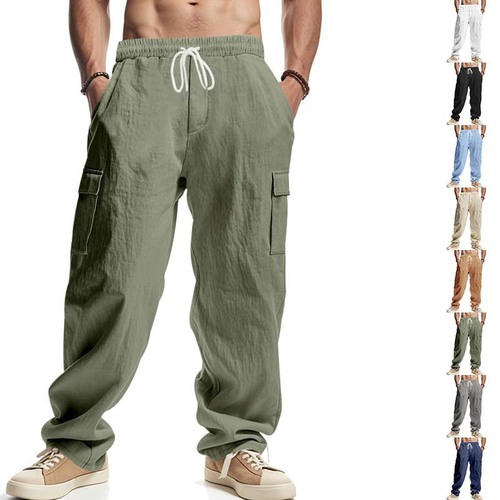 25 Cross-border European and American Men's Linen Four-Season Thin Breathable Work Pants with Multiple Pockets Loose Casual Trendy Wide Leg Length