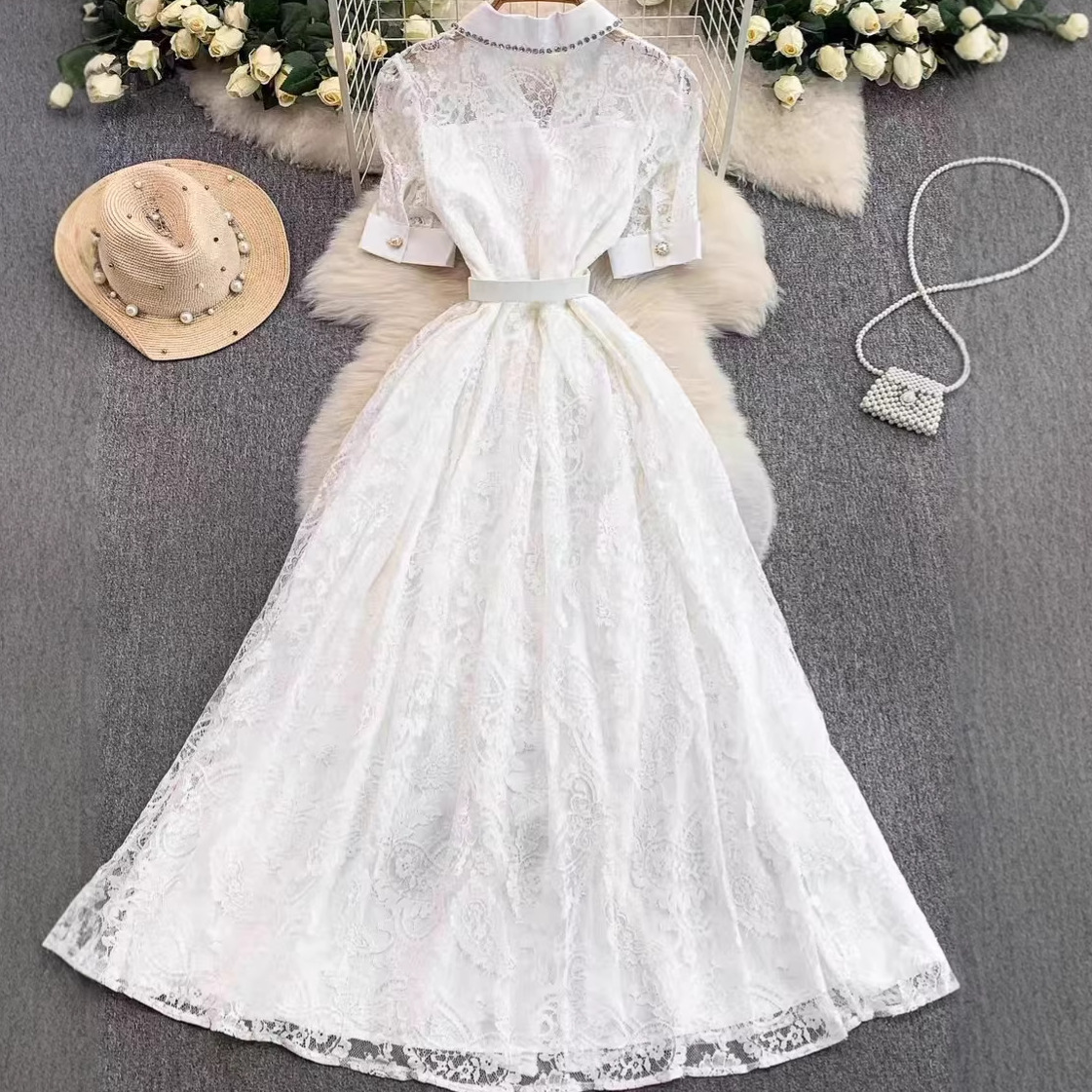 Elegance Lace Dress – Blazer Collar A-Line Maxi Dress With Pearl Buttons & Waist Tie (White/Black, S-Xxl, Office & Wedding Guest Outfit)_voghion.com
