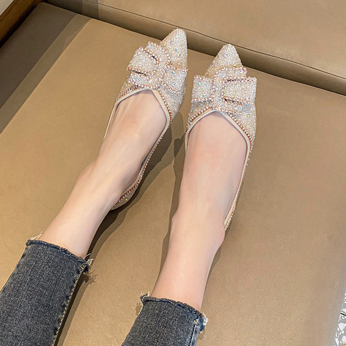 Rhinestone single shoes for women summer style flat bottom 2024 new style full diamond lady pointed toe shallow mouth scoop shoes large size women's shoes 41 to 43